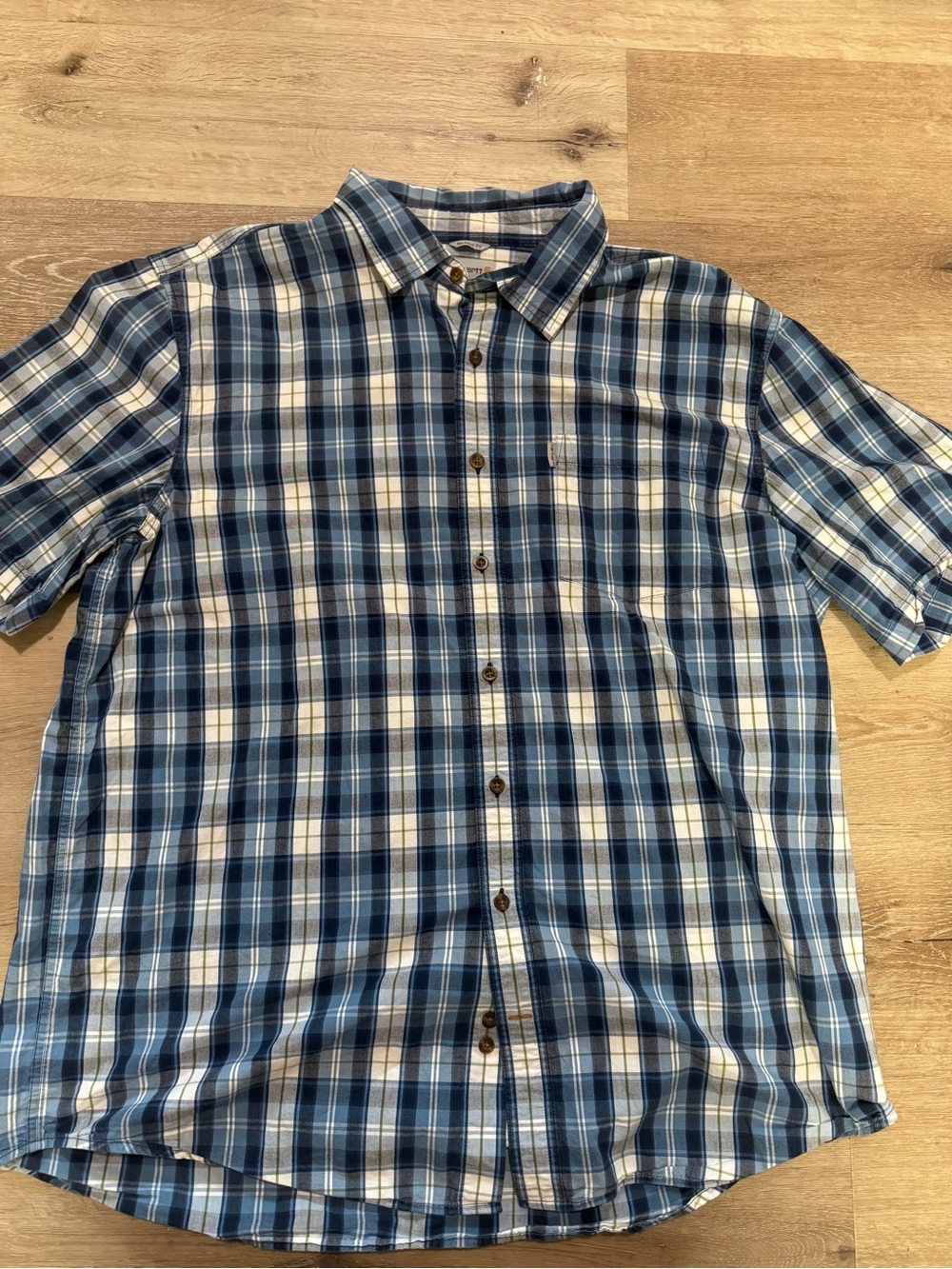 Carhartt Blue and White Plaid Short-Sleeve Button-Down Shirt